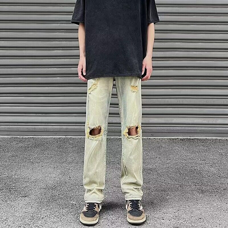 Men Jeans Summer Ripped Slim-Fitting Straight Pants Casual Pants
