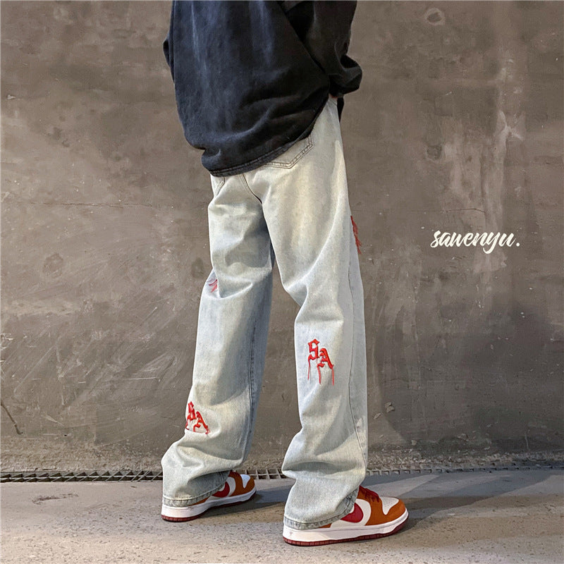 Men Jeans Embroidered Jeans Men's Summer Wide-Leg Straight Pants