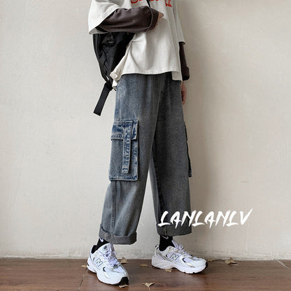 Men Jeans Cargo Jeans Men's Straight Loose Wide Leg Pants Retro Trousers