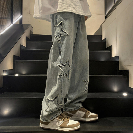 Men Jeans Straight-Leg Denim Trousers Autumn and Winter Loose