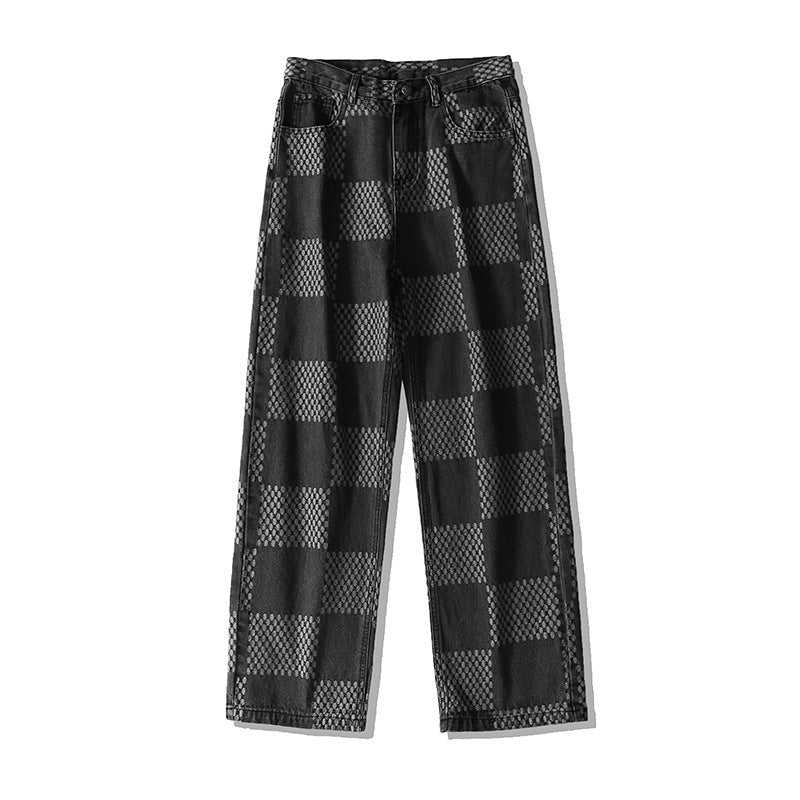 Men Jeans Chessboard Plaid Jeans Autumn Straight Wide-Leg Pants Retro Loose Trousers