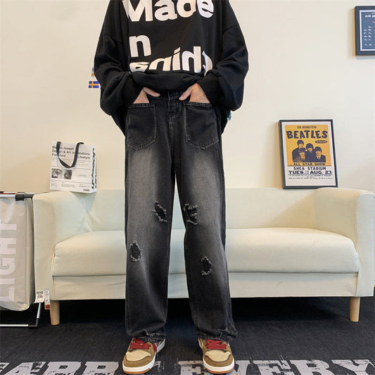 Men Jeans Washed Gradient Ripped Jeans Men's Straight Loose Casual Pants