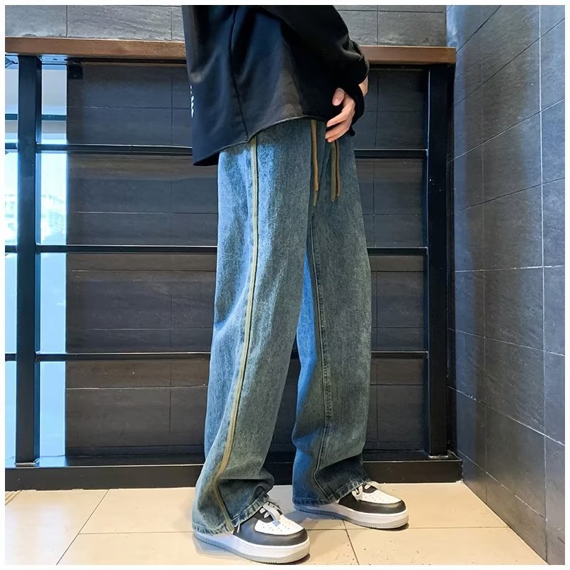 Men Jeans Retro Washed Jeans Men's Spring and Autumn Loose Wide-Leg Straight Trousers