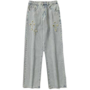 Men Jeans Retro Washed Cross Embroidered Jeans