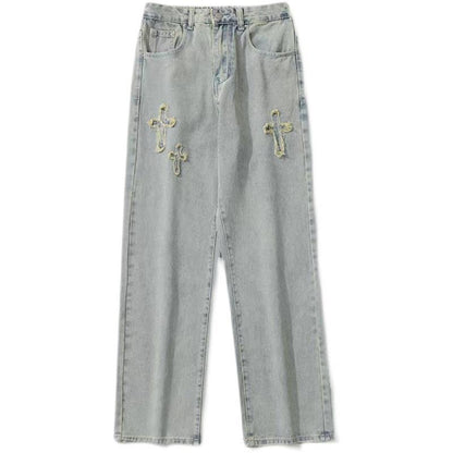 Men Jeans Retro Washed Cross Embroidered Jeans
