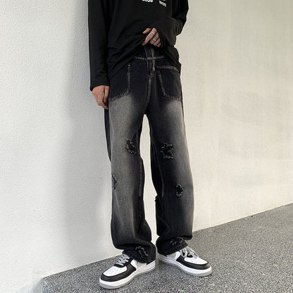 Men Jeans Ripped Jeans Men's Autumn Retro Loose Straight Trousers