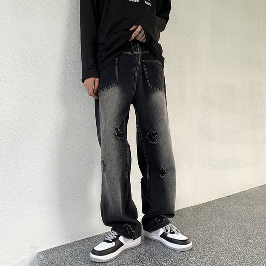Men Jeans Ripped Jeans Men's Autumn Retro Loose Straight Trousers