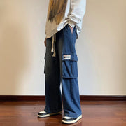 Men Jeans Washed-out Vintage Multi-Pocket Straight Loose Casual Wide-Leg Trousers