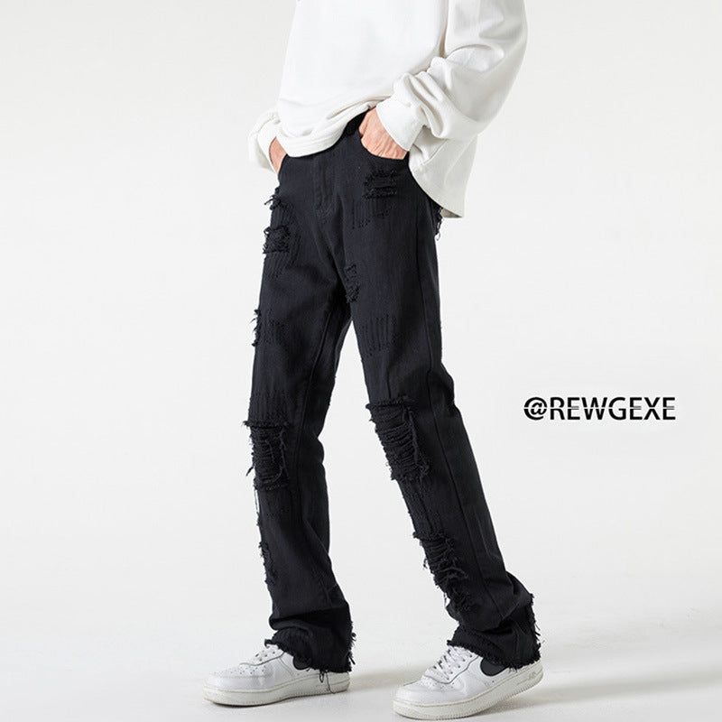 Men Jeans Black Jeans Men's Spring and Autumn Straight-Leg Pants Ripped Leisure Trousers