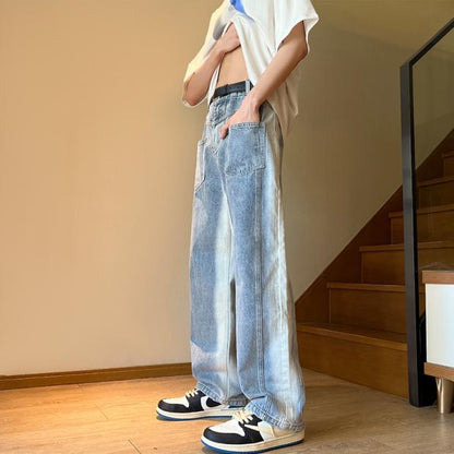 Men Jeans Vintage Multi-Pocket Jeans Oldschool Pants Loose Wide Leg Pants
