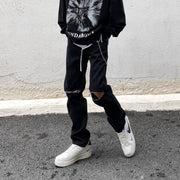 Men Jeans Vintage Black Knee Ripped Zipper Jeans