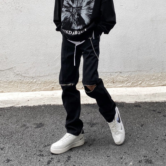 Men Jeans Vintage Black Knee Ripped Zipper Jeans
