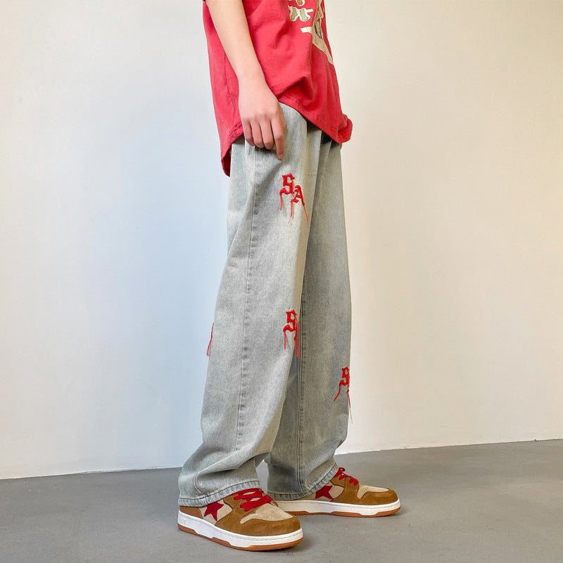 Men Jeans Embroidered Jeans Men's Spring and Autumn Baggy Straight Trousers Spring Pants