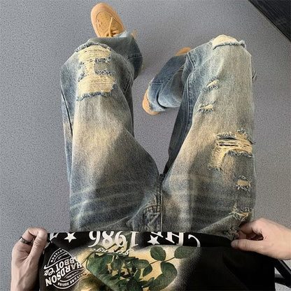 Men Jeans Washed Make Old Ripped Jeans Men's Summer Straight-Leg Trousers