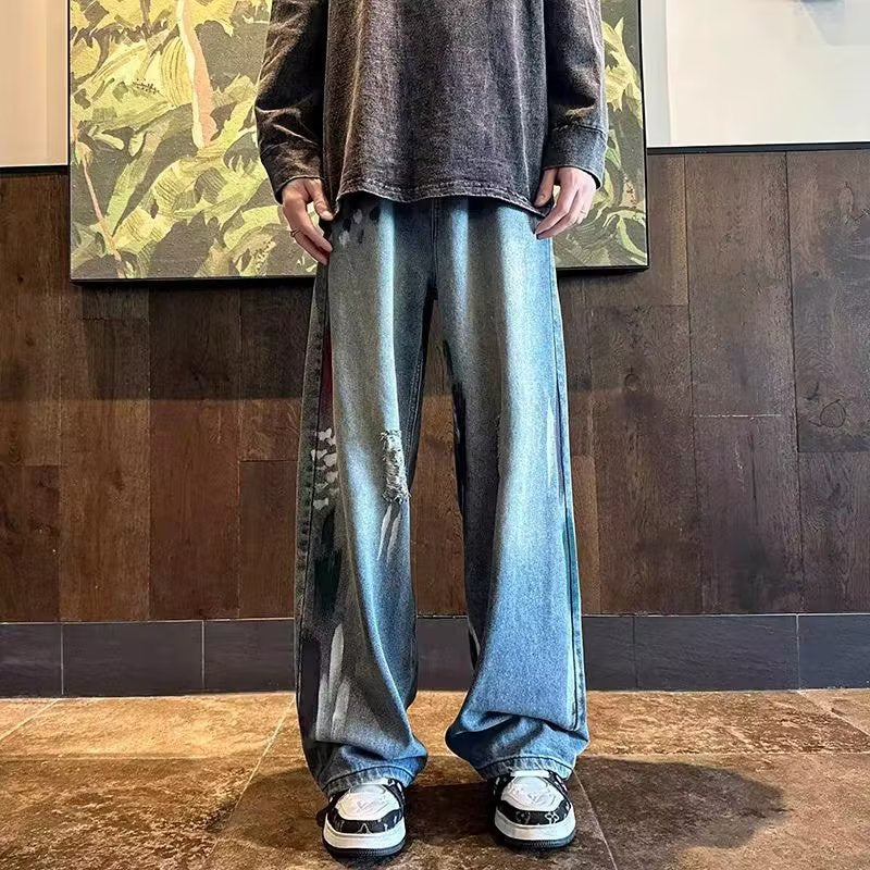 Men Jeans Men's Autumn Washed Distressed Wide-Leg Pants Loose Straight Casual Trousers