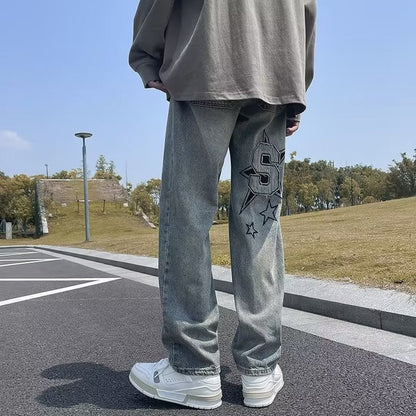 Men Jeans Embroidered Jeans Men's Slim Fit Casual Straight Pants