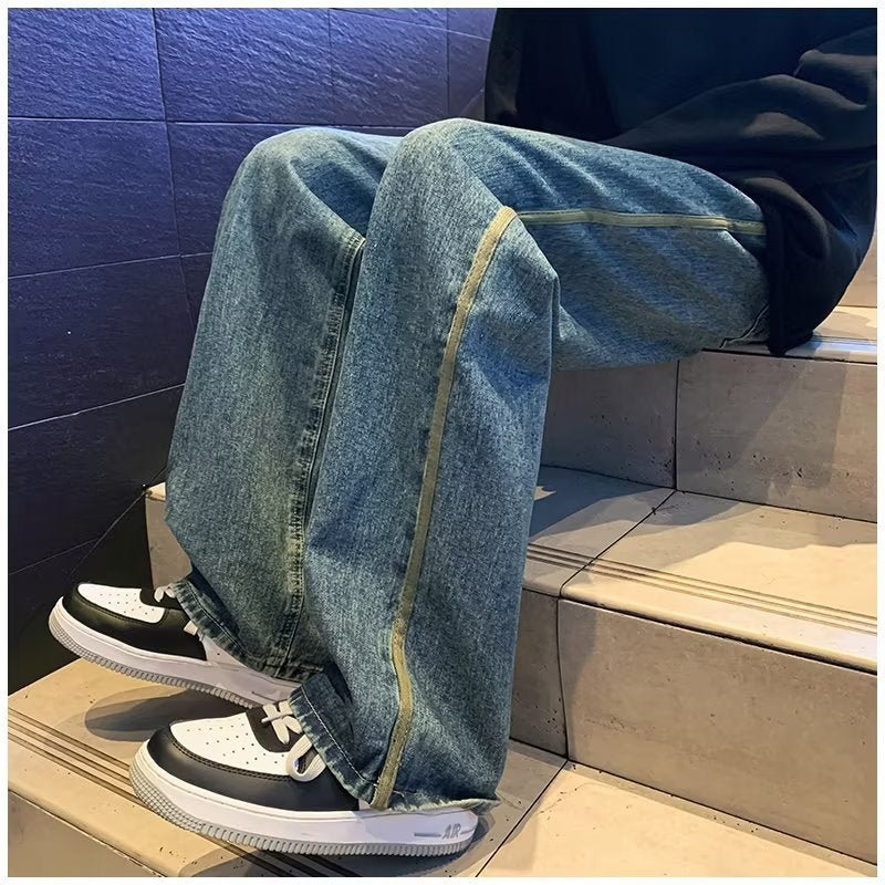 Men Jeans Retro Washed Jeans Men's Spring and Autumn Loose Wide-Leg Straight Trousers