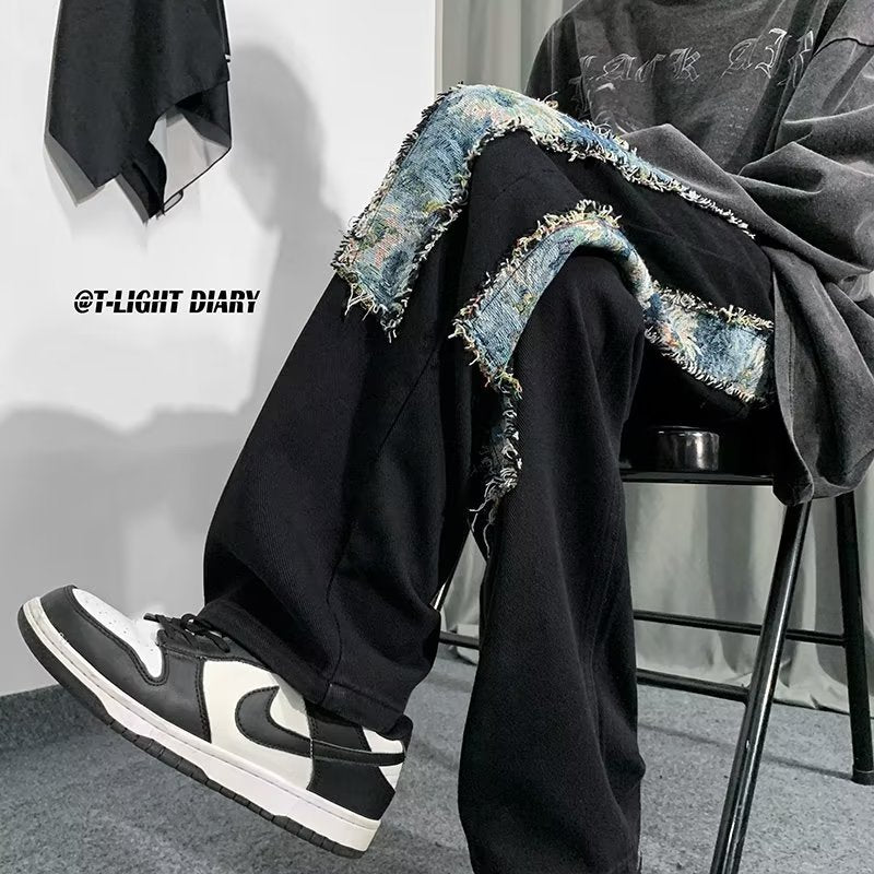 Men Jeans Patchwork Stitching Jeans Loose Straight Trousers