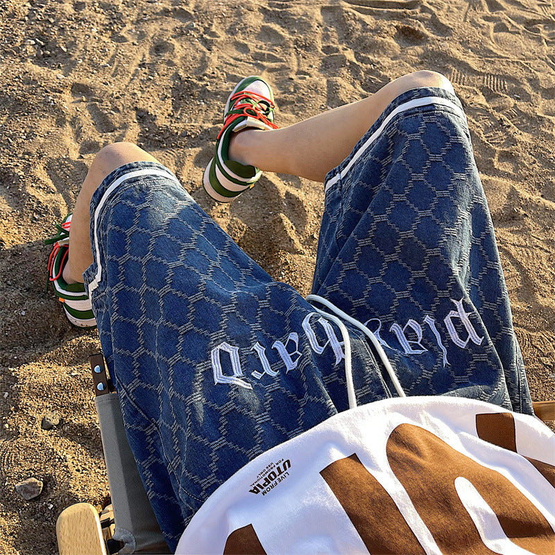 Men Jeans Denim Shorts Men's Summer Embroidered Plaid Shorts