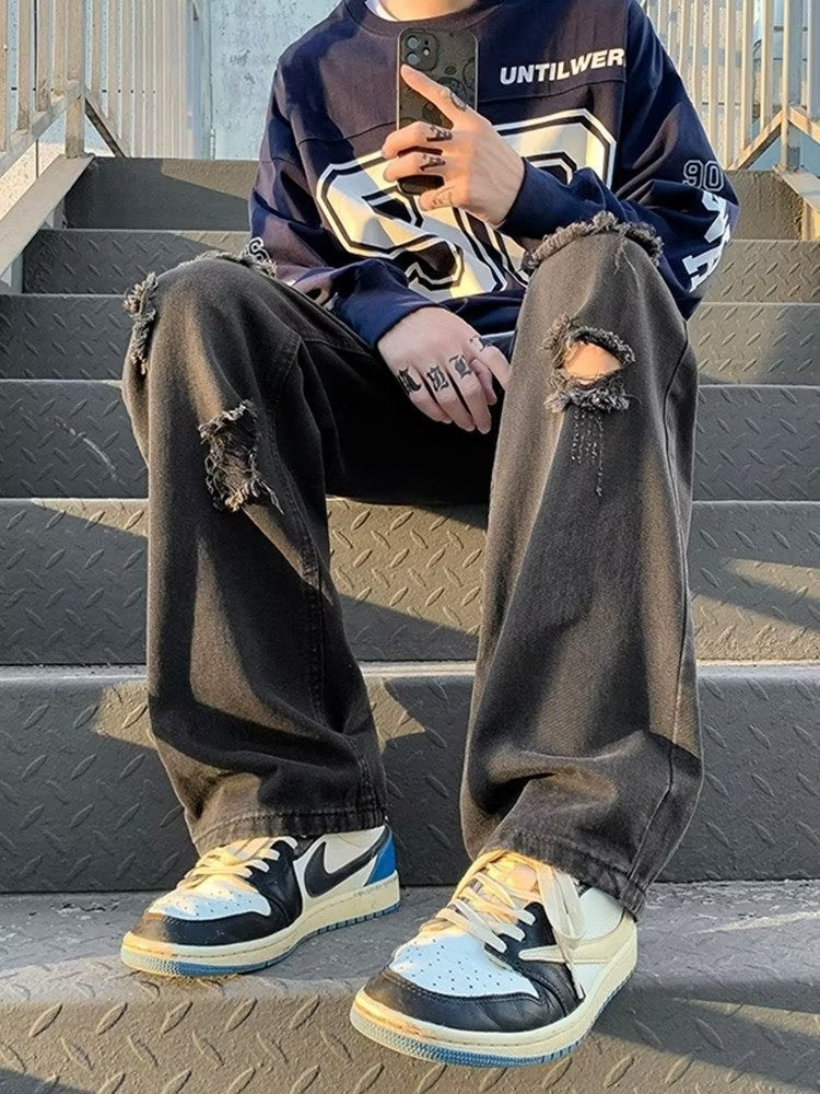 Men Jeans Ripped Jeans Men Autumn Straight-Leg Trousers