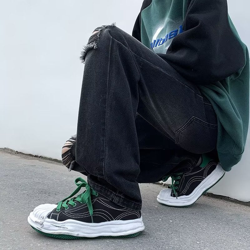 Men Jeans Ripped Jeans Men's Summer Retro Men's Black Trousers Loose Straight