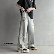 Men Jeans Five-Pointed Star Summer Washed-out Vintage Wide Leg Denim Trousers