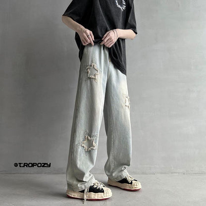 Men Jeans Five-Pointed Star Summer Washed-out Vintage Wide Leg Denim Trousers