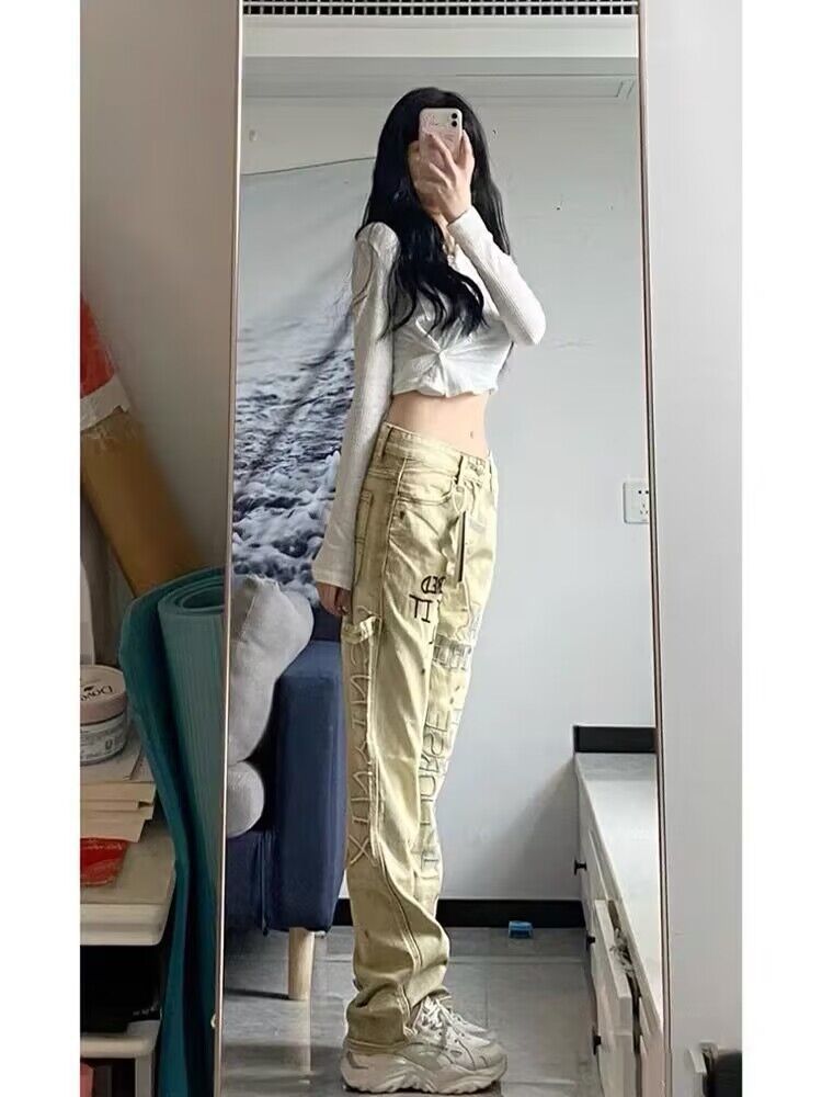 Men Jeans Khaki Splash-Ink Embroidered Jeans Straight-Leg Pants