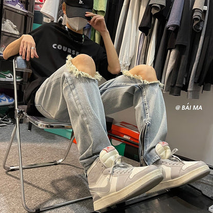 Men Jeans Retro Washed Make Old Ripped Jeans Zipper Trousers