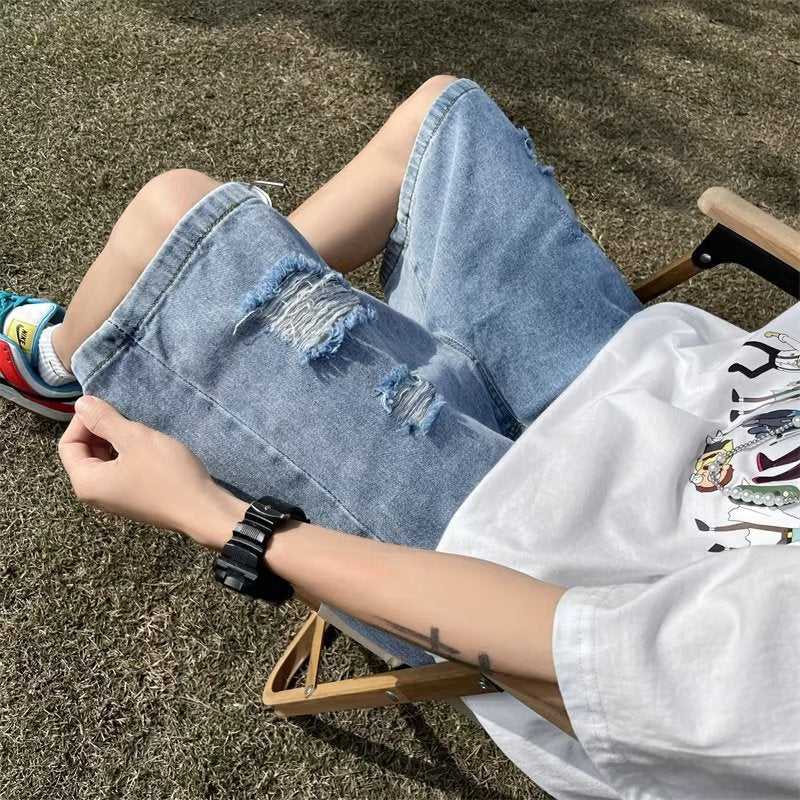 Men Jeans Retro Tattered Jeans Denim Shorts
