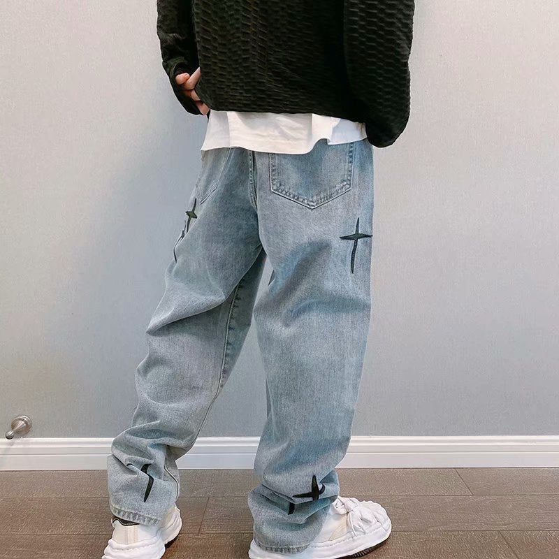 Men Jeans Autumn Cross Paste Cloth Embroidery Loose Straight Wide Trousers