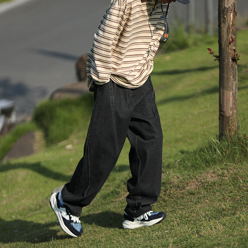 Men Jeans Retro Loose Straight Wide-Leg Pants Oversize Overalls