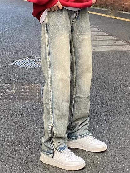 Men Jeans Washed Zipper Jeans Spring and Autumn Vintage Casual Loose Trousers