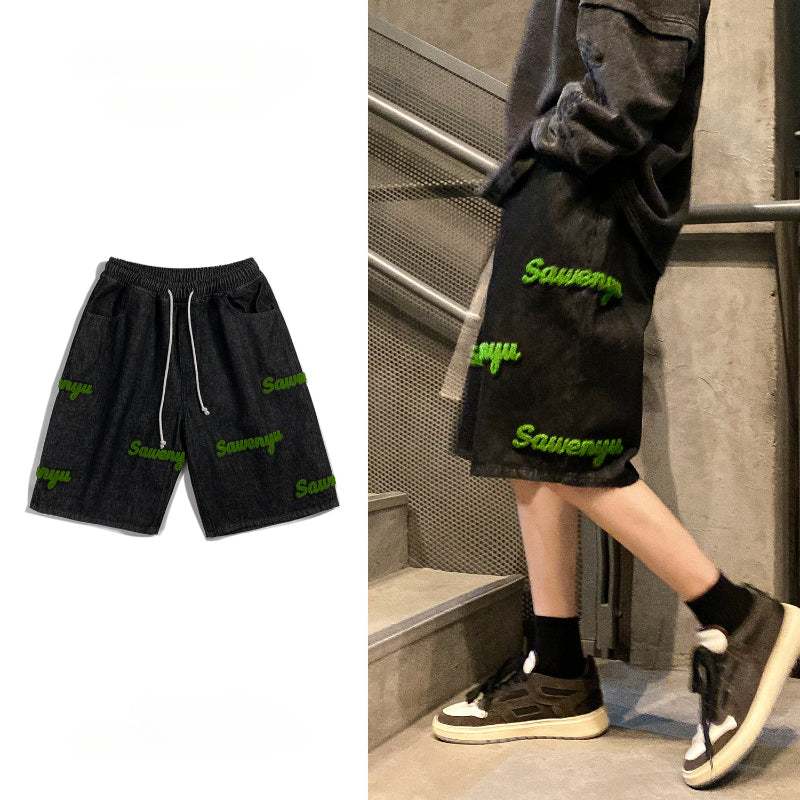 Men Jeans Shorts Summer Loose Casual Pants Retro Cropped Pants