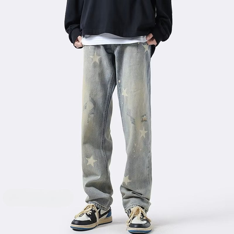 Men Jeans XINGX Printed Jeans Retro Loose Straight-Leg Wide-Leg Pants