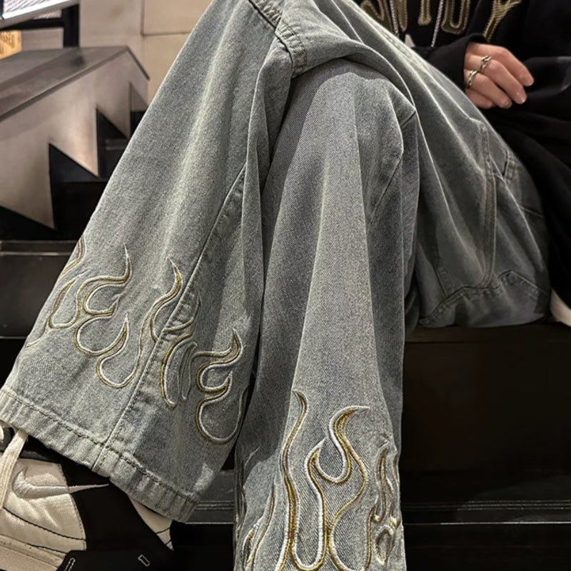 Men Jeans Embroidered Flame Jeans Baggy Straight Trousers