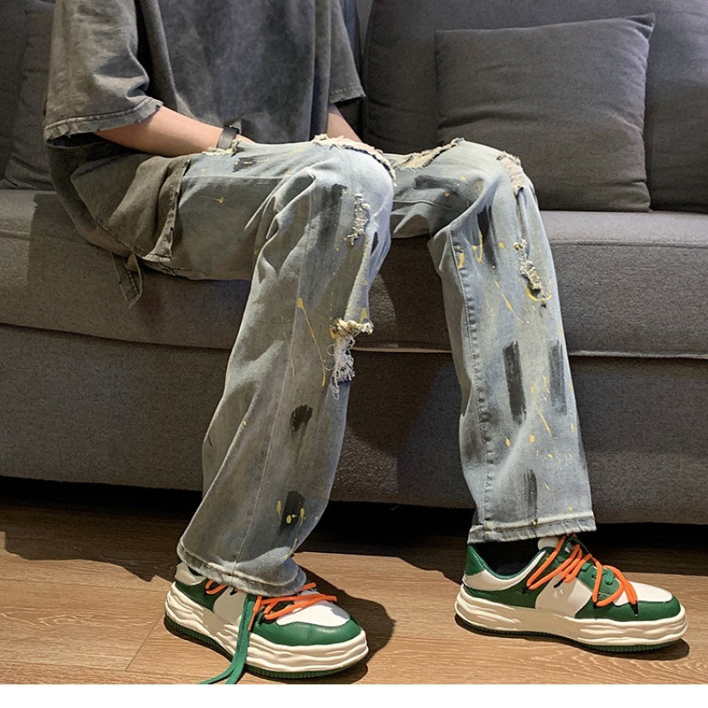 Men Jeans Straight Jeans Summer Ripped Trousers