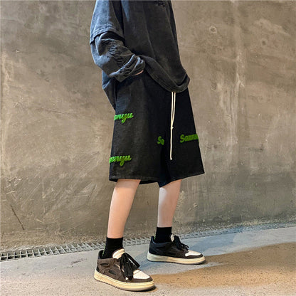 Men Jeans Flocking Denim Shorts Men's Summer Casual Cropped Pants