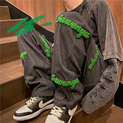 Men Jeans Embroidered Washed-out Vintage Jeans Straight-Leg Pants