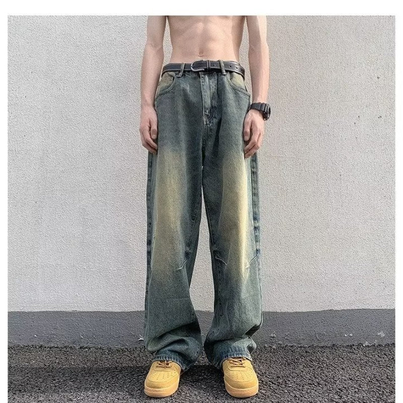 Men Jeans Washed Worn Jeans Loose Wide-Leg Straight Pants