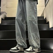 Men Jeans Embroidered Flame Jeans Baggy Straight Trousers