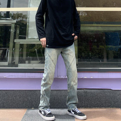 Men Jeans Washed Distressed Straight Jeans Loose Retro Trousers