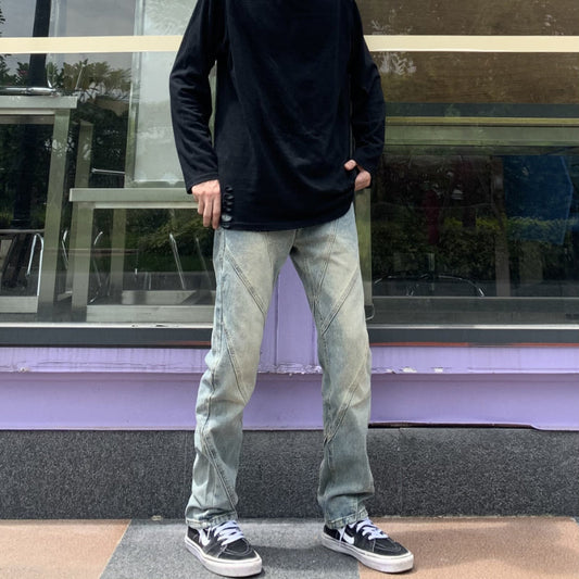 Men Jeans Washed Distressed Straight Jeans Loose Retro Trousers