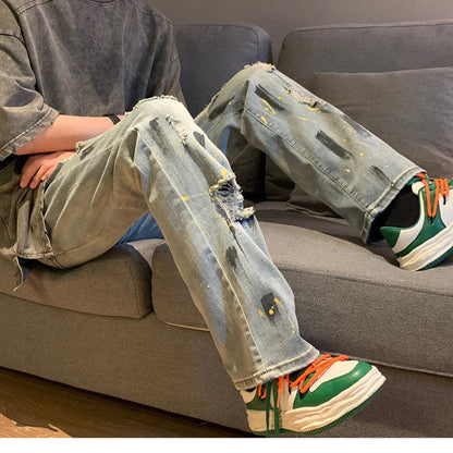 Men Jeans Straight Jeans Summer Ripped Trousers