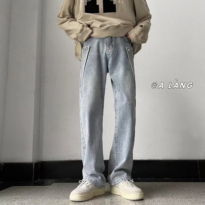 Men Jeans Washed Light Blue Jeans Slim-Fit Straight Trousers