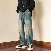 Men Jeans Vintage Jeans Autumn Distressed Washable Pants Loose Straight Wide Leg Pants