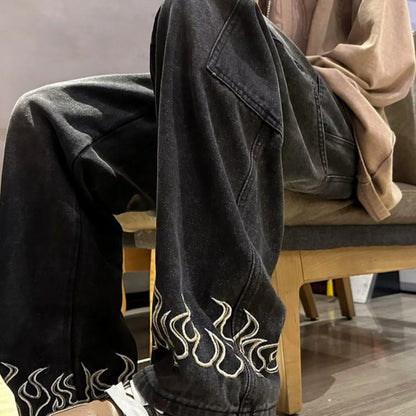 Men Jeans Embroidered Flame Jeans Baggy Straight Trousers