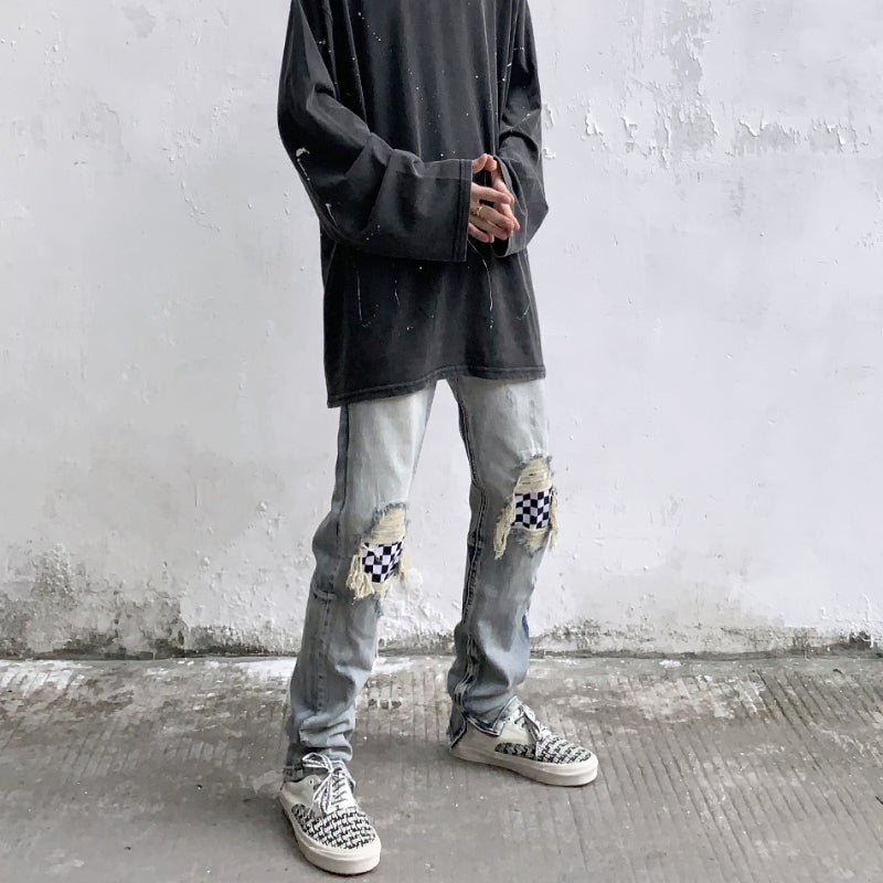 Men Jeans Summer Water Washed Hole Jeans Patch Plaid Pants