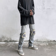 Men Jeans Summer Water Washed Hole Jeans Patch Plaid Pants