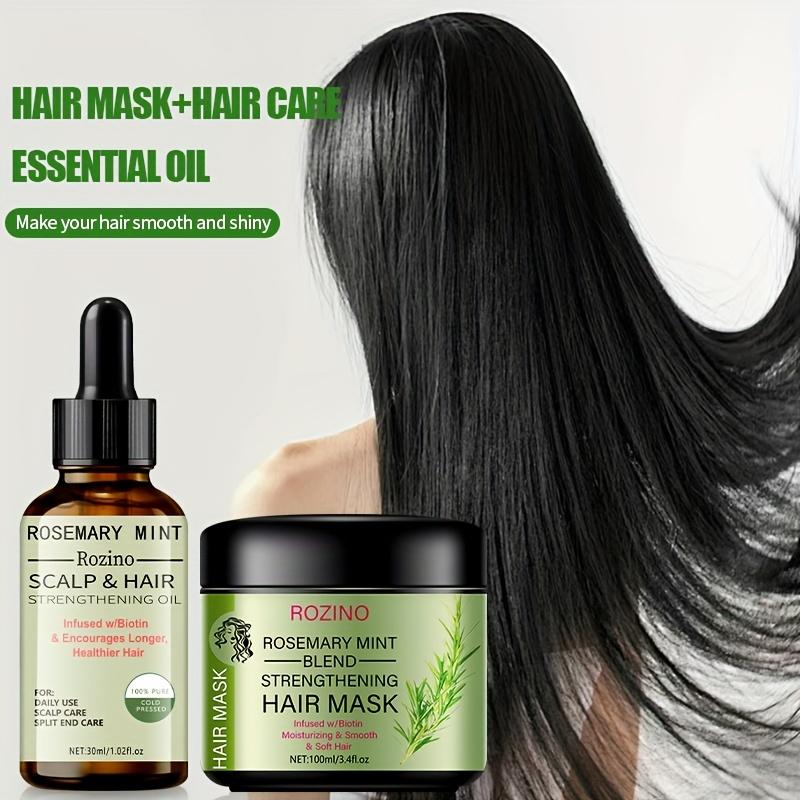 ROZINO Organic Rosemary Hair Mask & Mint Oil Set - Deep Conditioning Treatment for Dry, Damaged Hair with Biotin